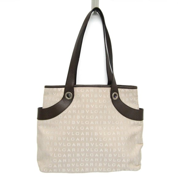 Bvlgari Logomania Women's Canvas,Leather Handbag Beige,Dark Brown - Picture 1 of 12